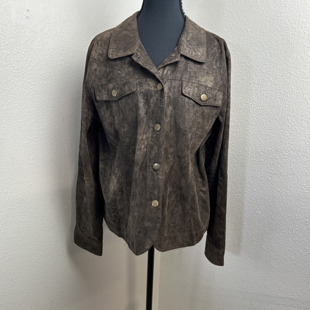 ELCC Faux‎ Suede Button Up Jacket Women's Large Light Shimmer Brown Long Sleeve